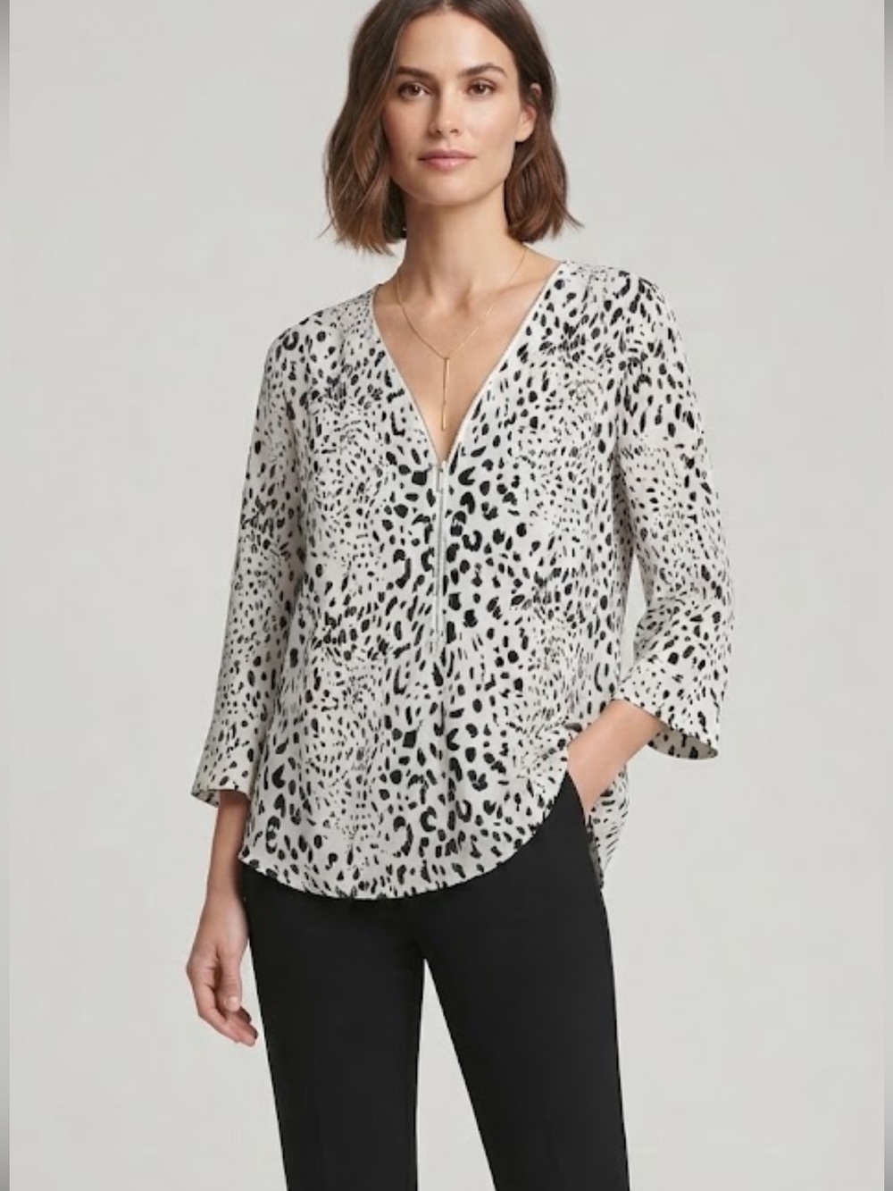 INC black white animal print zip up blouse